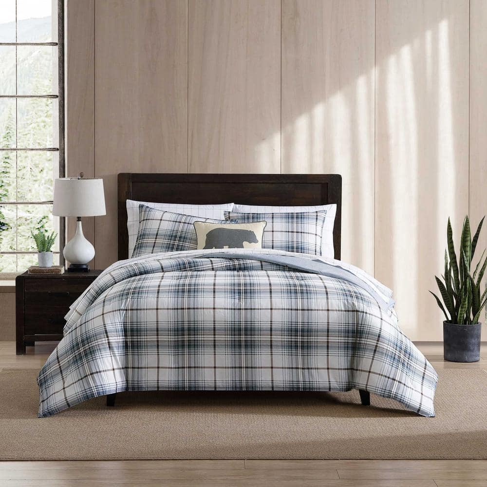 Eddie Bauer Alder Plaid Blue Grey 3 Piece Cotton Full/Queen Reversible Comforter Sham Set