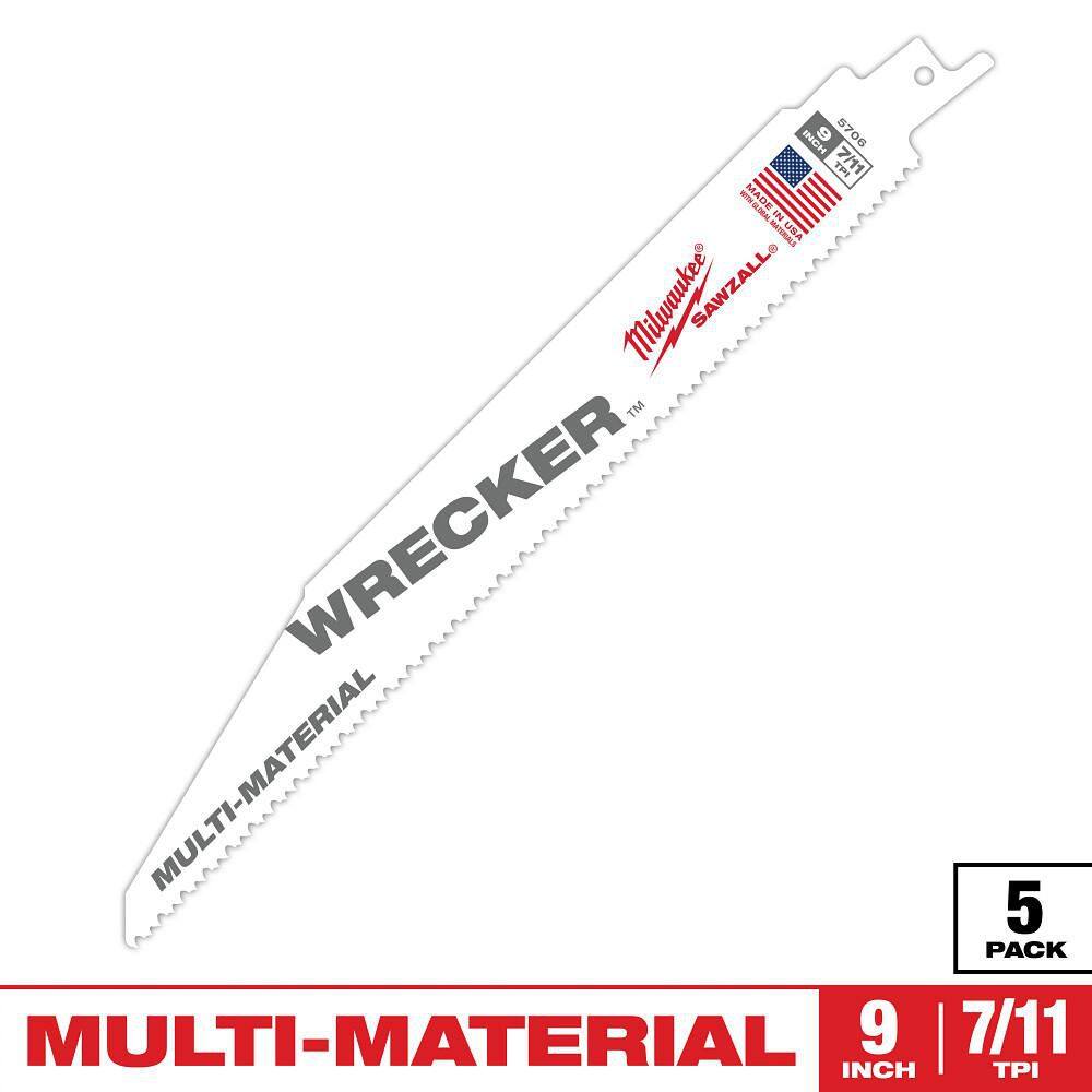 Milwaukee 9 in. 7/11 TPI WRECKER Demolition Multi-Material Cutting SAWZALL Reciprocating Saw Blades (5-Pack) 48-00-5706 - The Home Depot