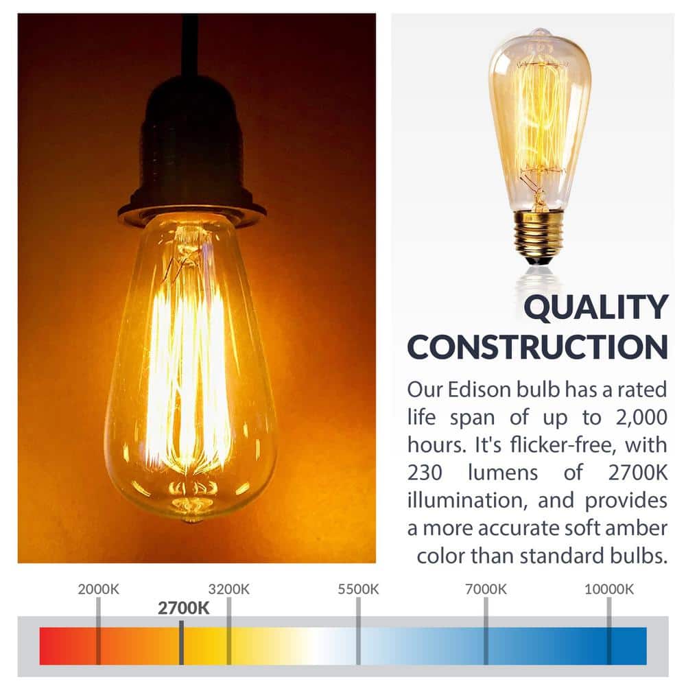 60-Watt Equivalent ST64 Vintage Style Edison Bulbs, Incandescent Dimmable E26 Filament Bulb, 2700K (6-Pack)