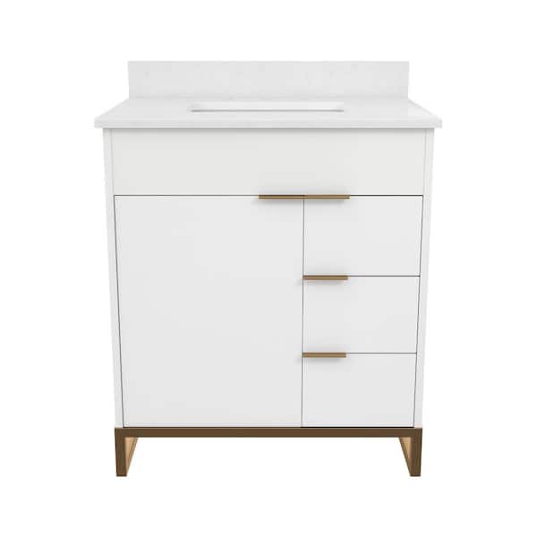 COSMO LIVING Leona 30 in. W x 22 in. D x 38 in. H Single Sink Bath Vanity in White with White Engineered Stone Composite Top