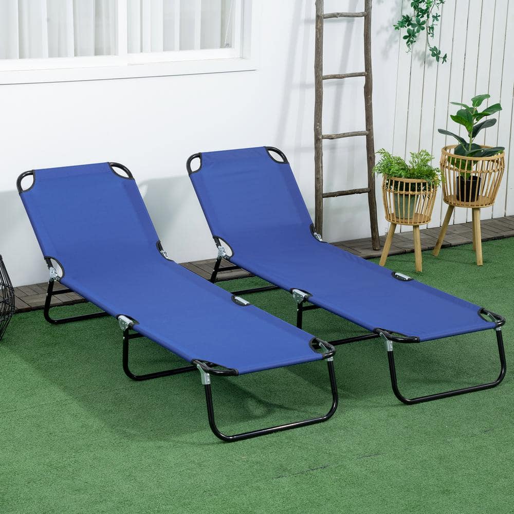 Blue 2 Piece Metal Outdoor Folding Chaise Lounge Chairs with 5-Level Reclin