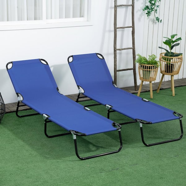 Unbranded Blue 2 Piece Metal Outdoor Folding Chaise Lounge Chairs with 5-Level Reclining Back, Steel Frame for Beach, Yard