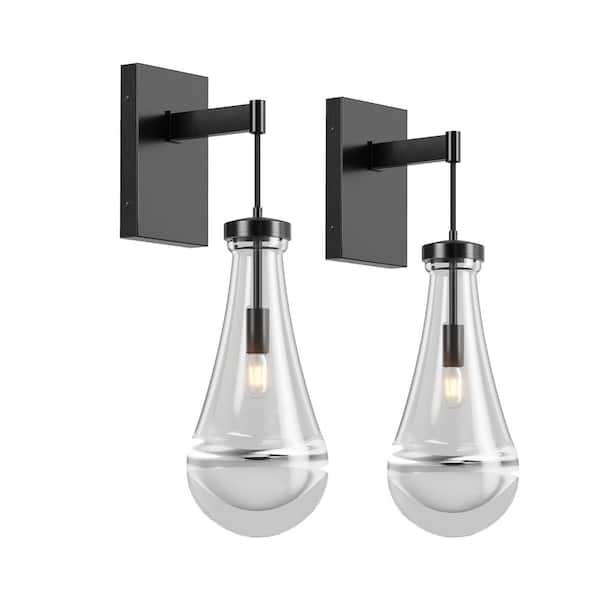1 Light Black Wall Sconce with Clear Glass Teardrop Shade, Set of 2