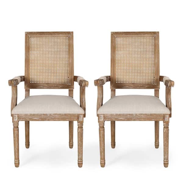 Noble House Aisenbrey Beige and Natural Wood and Cane Arm Chair (Set of 2)
