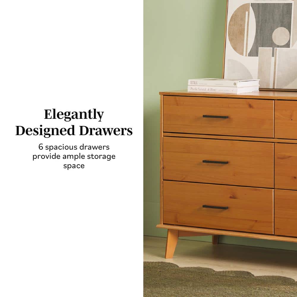 Caramel Solid Pine Wood 6-Drawer Dresser with Metal Handles