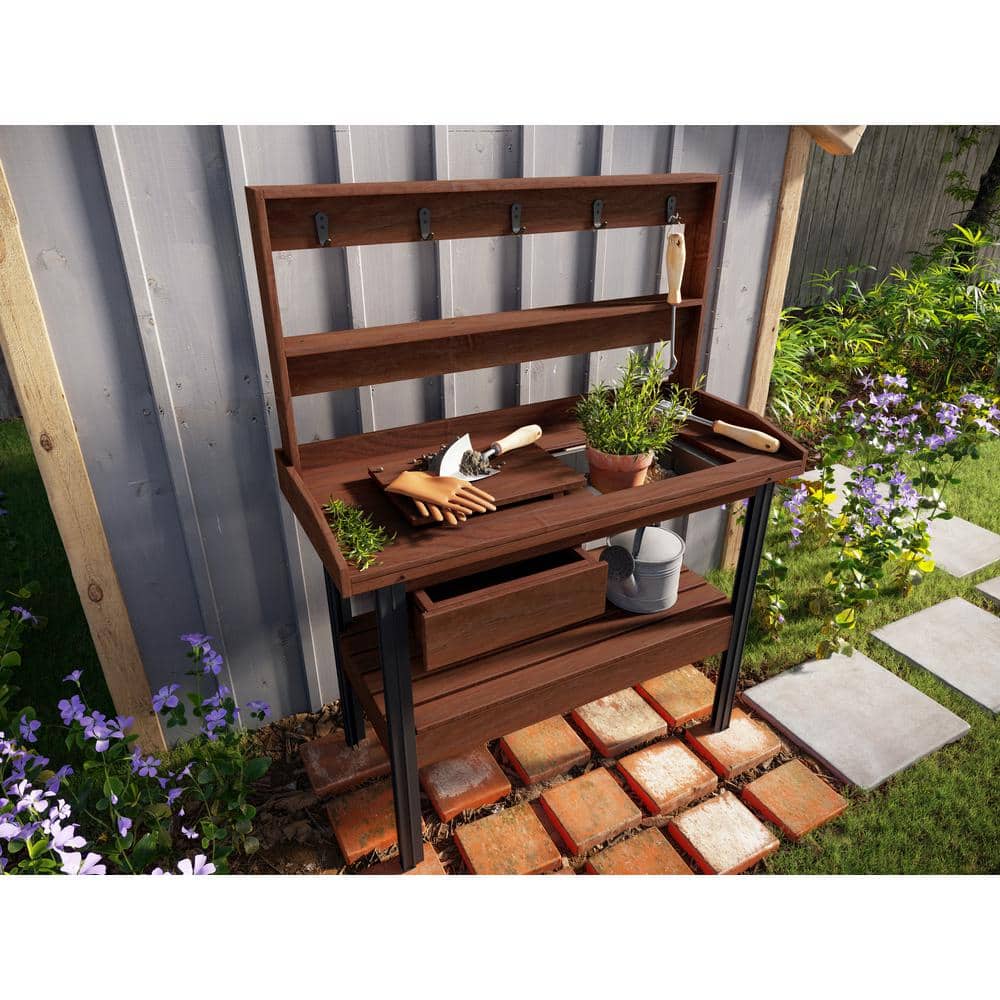 Vita 46" Dark Brown Cedar Potting Bench with Hooks
