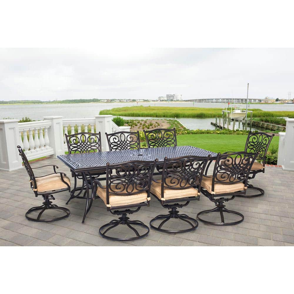 Hanover Traditions 9 Piece Aluminum Rectangular Patio Outdoor Dining Set W Eight Swivel Dining Chairs And Natural Oat Cushions Traddn9pcsw 8 The Home Depot