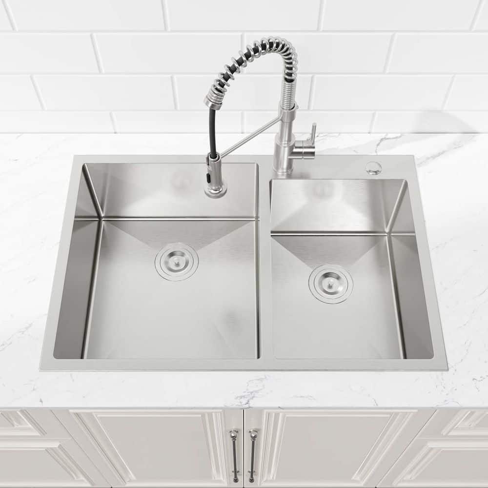 33 in. Gray Drop in Double Bowl 16-Gauge Stainless Steel Workstation Kitche