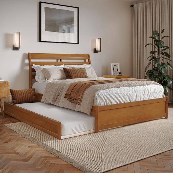 AFI Emelie Light Toffee Natural Bronze Solid Wood Frame Full Platform Bed with Panel Footboard and Twin Trundle