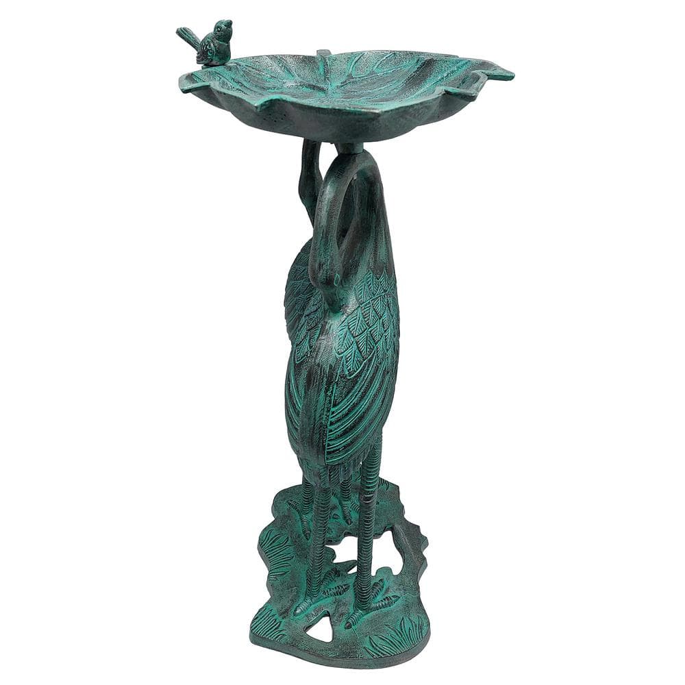 Cast Aluminum Twin Crane Bird Bath with Leaf Bowl in Black Patina