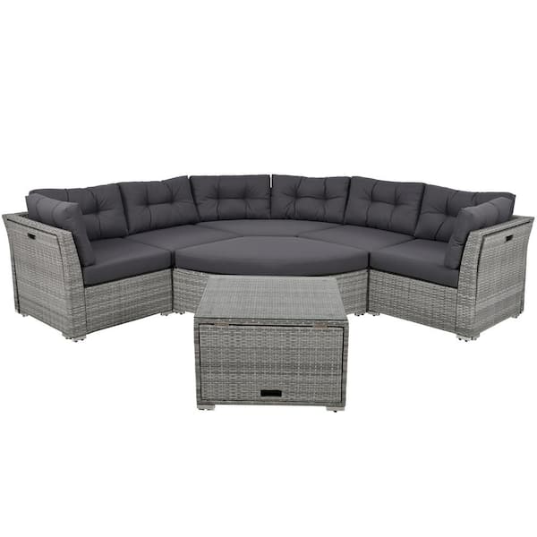 Boosicavelly 9-Piece Gray Rattan Wicker Outdoor Sectional Set with Gray Cushions and Pillows and Center Table