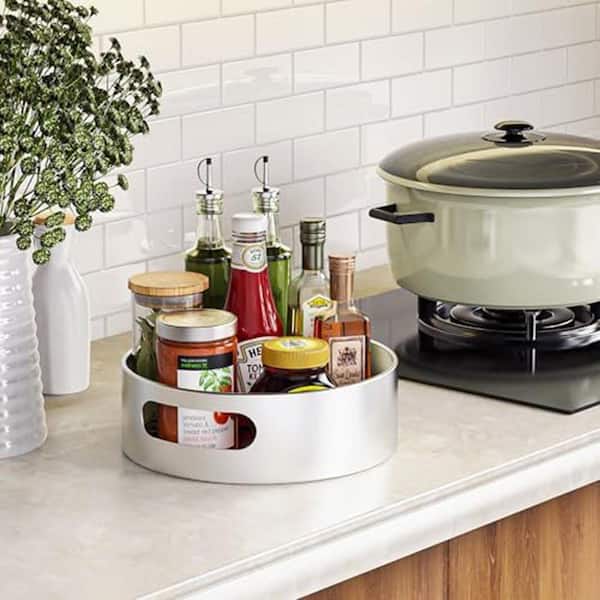 2 Tier White Countertop Rotating Spice Rack Organizer With 16 Jars Extra Top Tray Funnel Labels Kitchen Storage