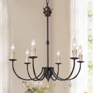 Vintage Bronze/ORB Candlestick Chandelier, 6-Light Traditional Kitchen Island Hanging Ceiling Light with Crystal Drops