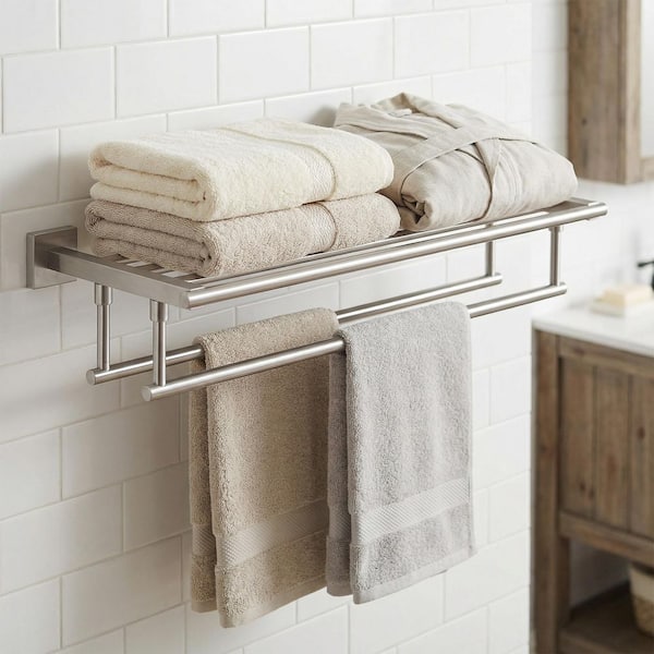 24 in. Bathroom Wall Mounted Towel Rack with Storage Shelf and Double Towel Bars Stainless Steel in Brushed Nickel
