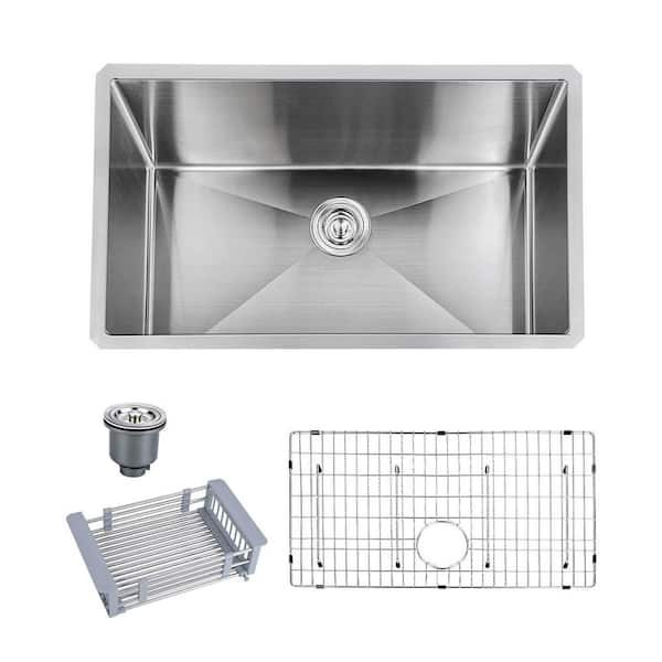 30 in. Drop In/Undermount Single Bowl 16 Gauge Brushed Nickel Stainless Steel Kitchen Sink with Drying Rack
