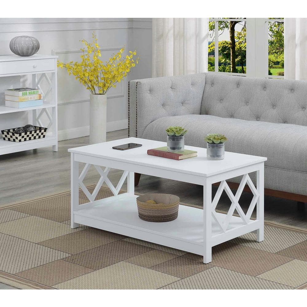 White 40" Diamond Cut-Out Wood Coffee Table with Shelf