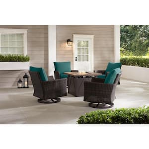 Lakeline 5-Piece Brown Metal Outdoor Patio Fire Pit Swivel Seating Set with CushionGuard Malachite Green Cushions