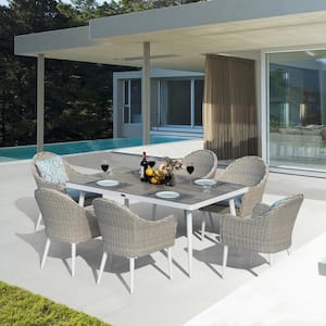 Allux 7-Piece Aluminum and Rattan Outdoor Dining Table Set with Blue Cushions