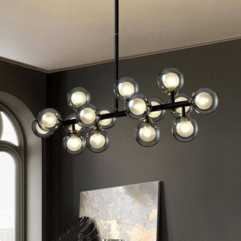 Modern Black Linear Glass Beaded 16-Light Chandelier