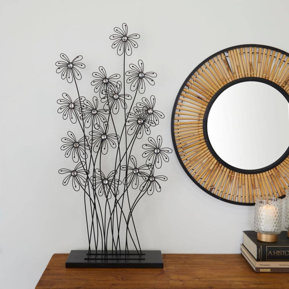 Litton Lane Black Metal Tall Floral Sculpture with Crystal