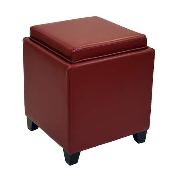 Armen Living Rainbow in Red Bonded Leather Contemporary Storage Ottoman With Tray