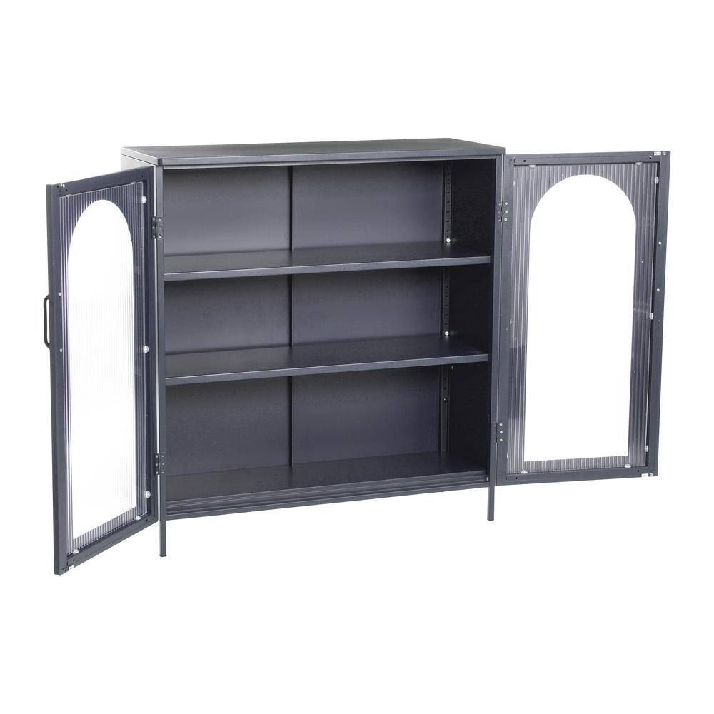 Solstice 40" Black Metal Accent Cabinet with Striated Glass Doors
