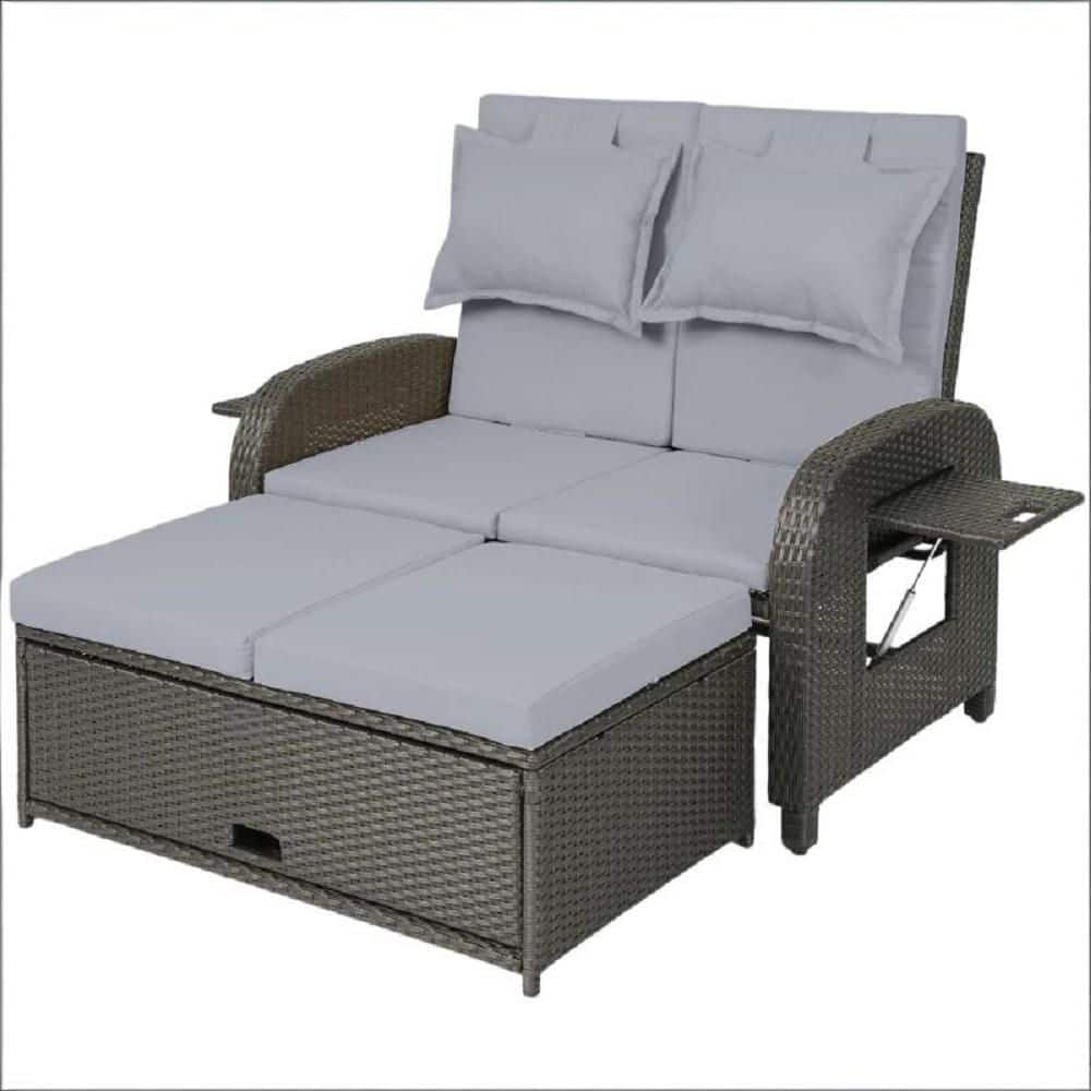 Gray Wicker Outdoor Day bed with Gray Cushions, Backrest Loveseat, 3-in-1 Convertible Design Reclining Sofa price history on PriceWatchPro