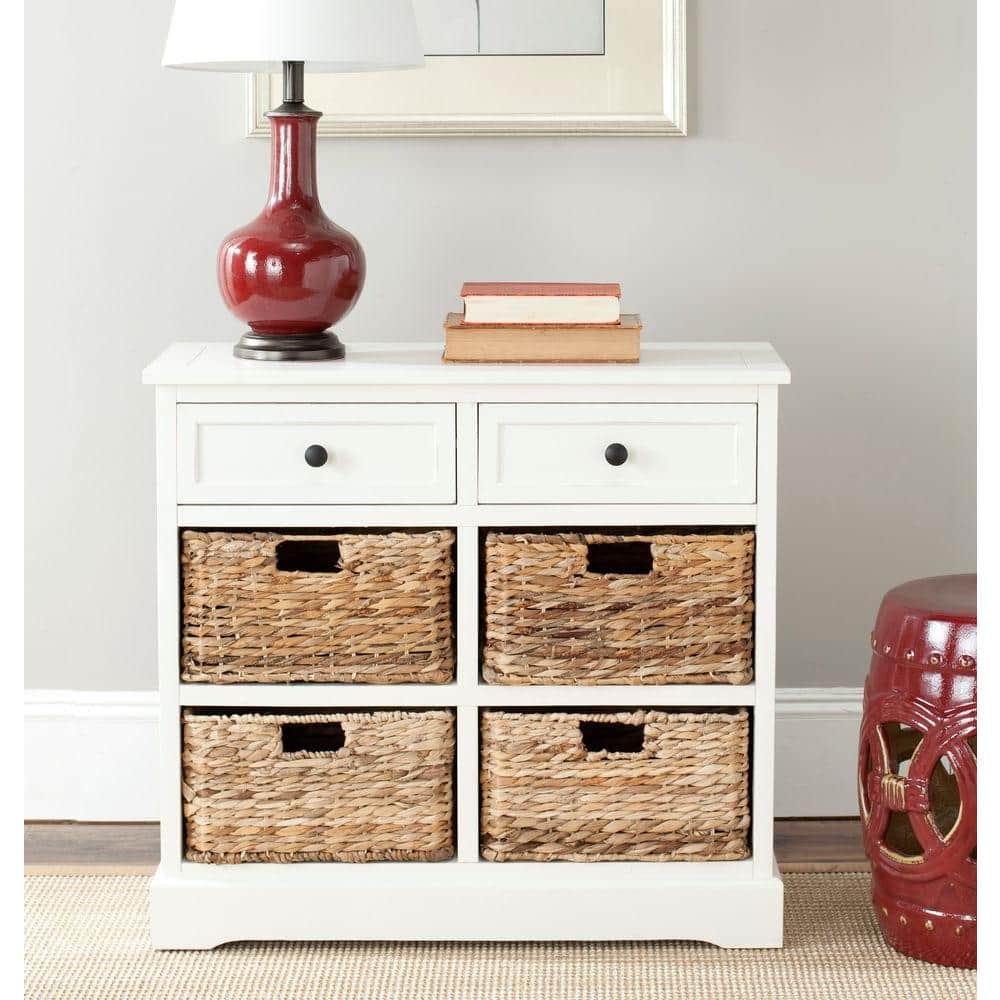 Distressed Cream Pine 6-Drawer Storage Unit with Wicker Baskets