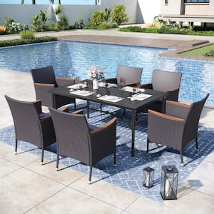 Black 7-Piece Metal Patio Outdoor Dining Set with Straight-Leg Rectangle Table and Rattan Chairs with Blue Cushion