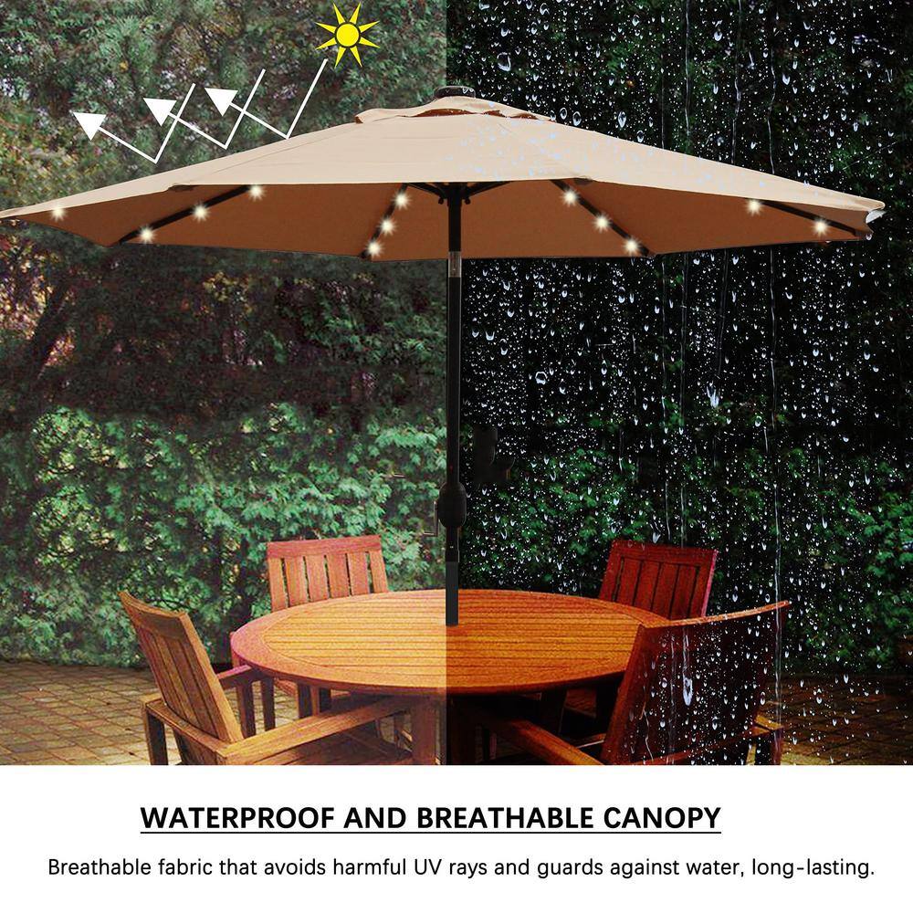 Tan 9 ft Round LED Lighted Market Umbrella with Black Aluminum Pole