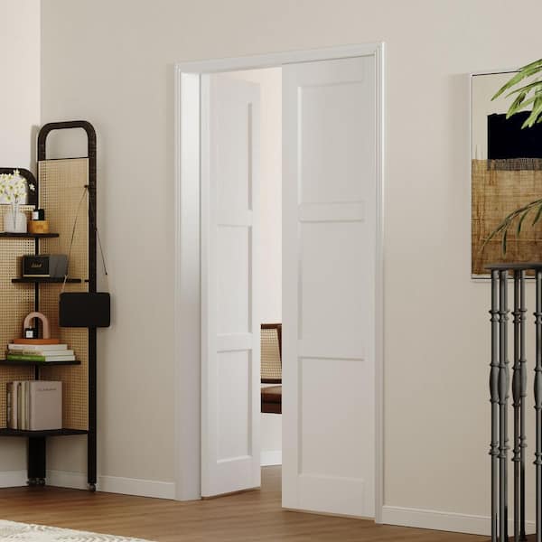 60 in. x 80 in. MDF, Composite, Pre-assembled Panel, Primed, White, 3 Panel Interior Door Slab With Black Lever Handle