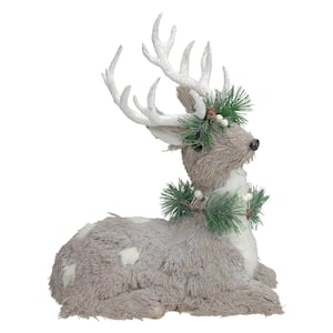 12.75 in. Gray Sitting Sisal Reindeer with Wreath Christmas Figure