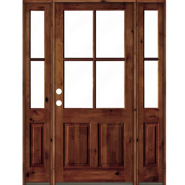 Krosswood Doors 64 in. x 96 in. Alder Right-Hand/Inswing 4-Lite Clear Glass Red Chestnut Stain Wood Prehung Front Door/Double Sidelite