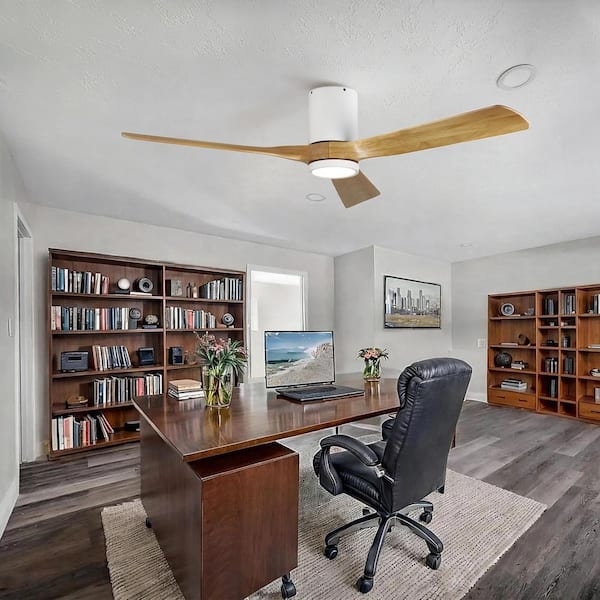 60 in. White 3 Wood Blades Flush Mount Standard Ceiling Fan with Full Spectrum LED Light and Remote Included