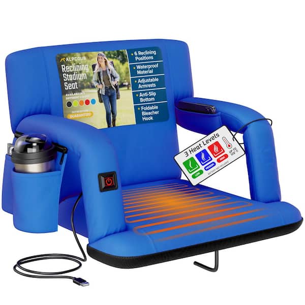 Heated Reclining Stadium Seat Bleacher Chair w/ Back Support, Cushion, Armrests and Side Pockets 21 in. Wide-Royal Blue