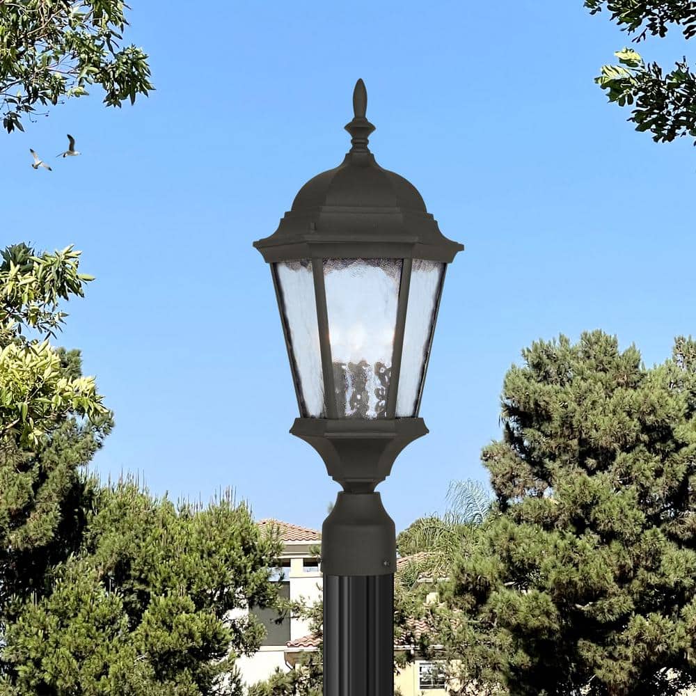 Hamilton Textured Black 3-Light Outdoor Post Lantern with Clear Water Glass