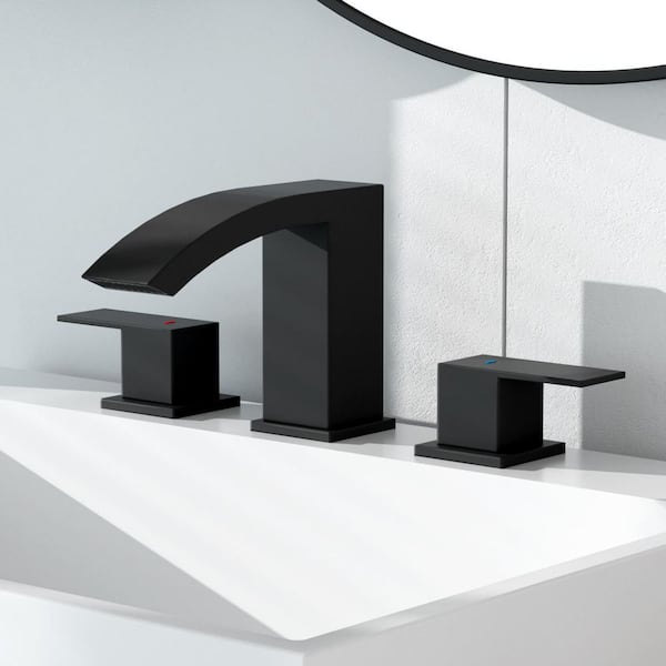 Curve Waterfall 8 in. Widespread 2-Handle Bathroom Faucet 3-Hole Bath Sink Faucet with Pop-Up Drain in Matte Black