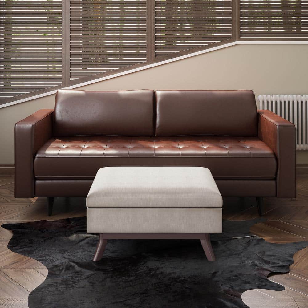 Owen Mid Century Natural Linen Look Storage Ottoman Coffee Table