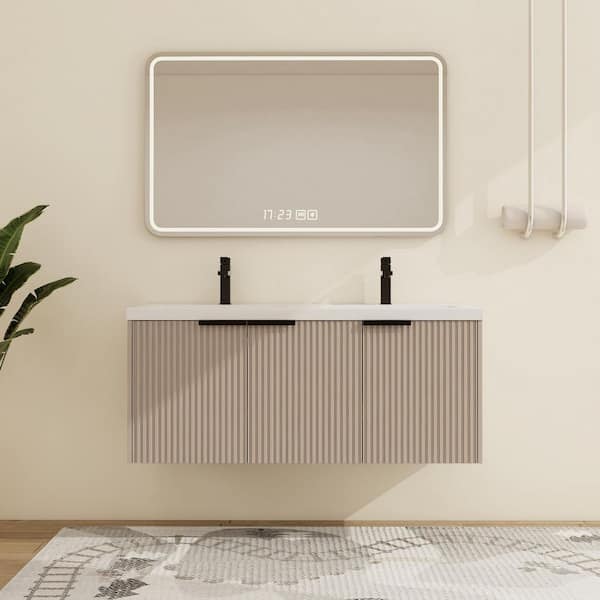 47.6 in. W x 18.3 in. D x 20.6 in. H Wall Mounted Double KHAKI Bath Vanity with White Resin Top