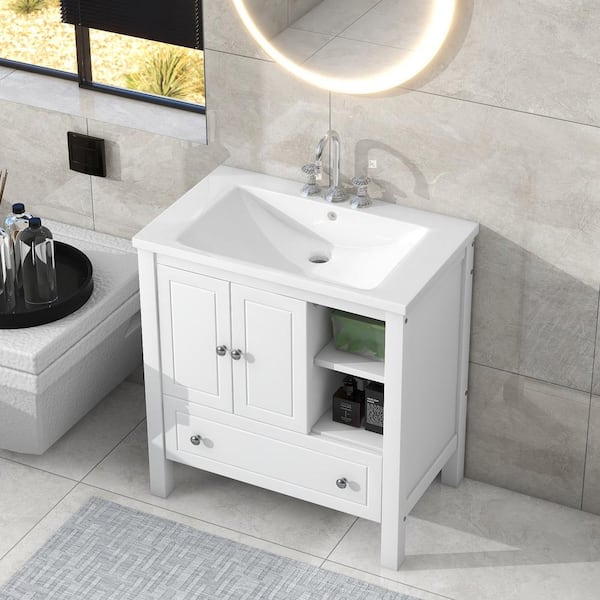 Zeus & Ruta 24 W x 18 D x 34 H Single Bath Vanity in White with White  Ceramic Top for Small Space Semi-open Storage S-AINKBATR - The Home Depot