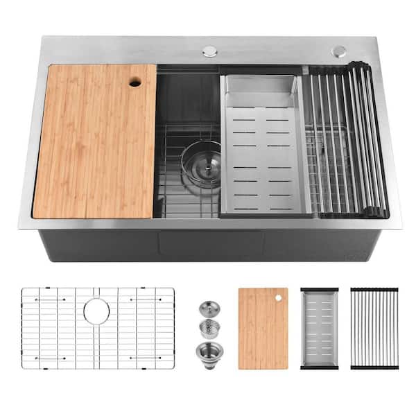 33 in. x 22 in. Drop-In Single Bowl Chrome Stainless Steel Kitchen Sink with Cutting Board, Colander and Grid