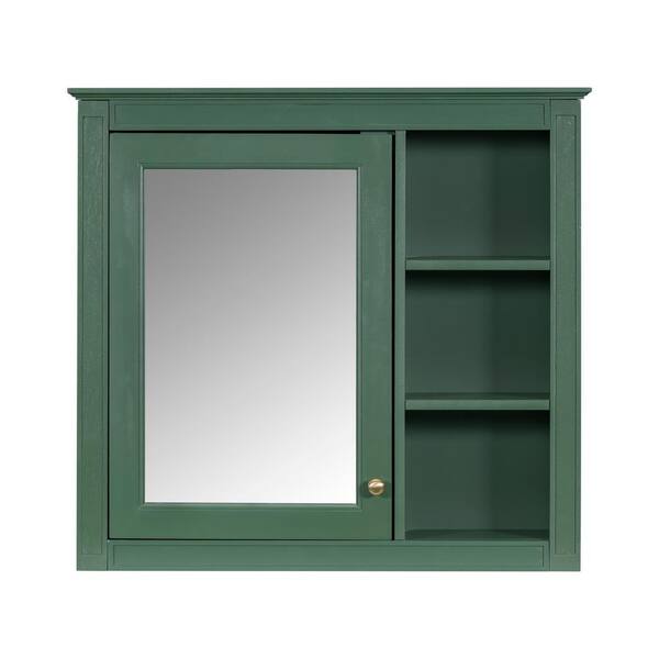 30 in. W x 28 in. H Rectangular Wood Medicine Cabinet with Mirror and 3-Open Shelves in Green