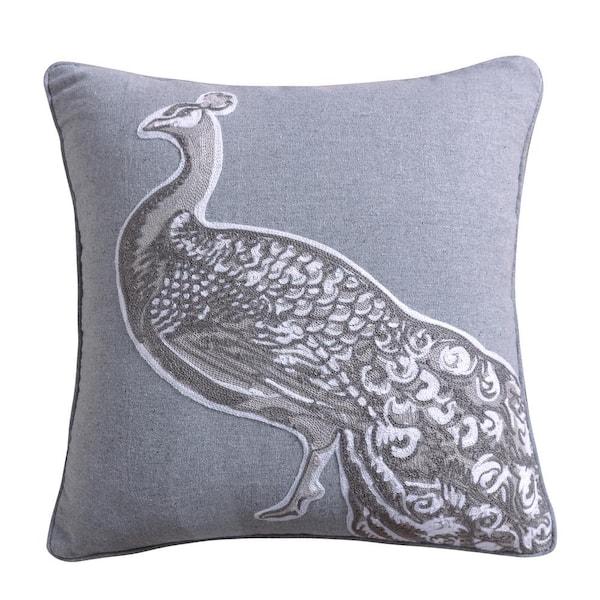 LEVTEX HOME Pisa Grey, Charcoal, White Embroidered Peacock Bird 18 in. x 18 in. Throw Pillow