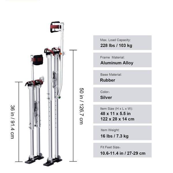 SKYSHALO Drywall Stilts 36 to 50 in. Adjustable Aluminum Tool Stilts with Protective Knee Pads Durable and Non-slip Work Stilts