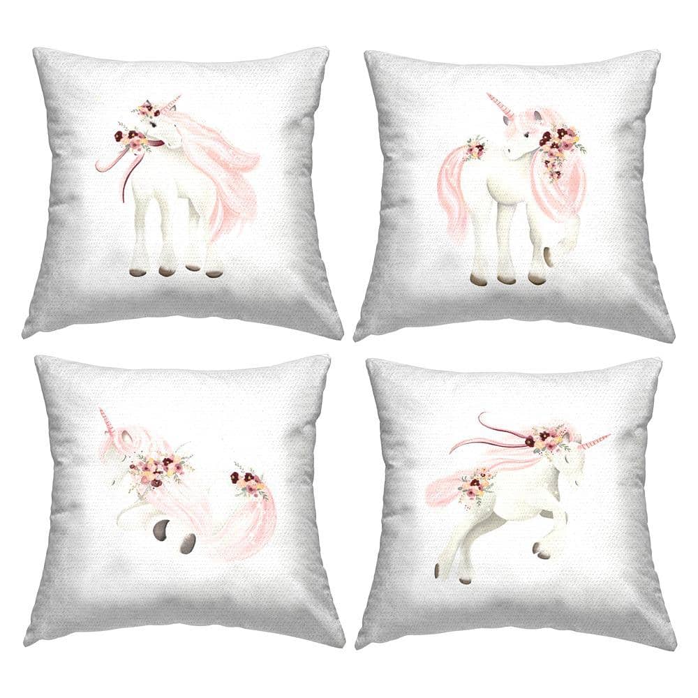 Pink Floral Unicorn White Square Outdoor Throw Pillow Set