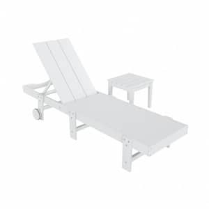 Shoreside 2-Piece Modern Plastic Outdoor Reclining Chaise Lounge With Wheels and Side Table in White