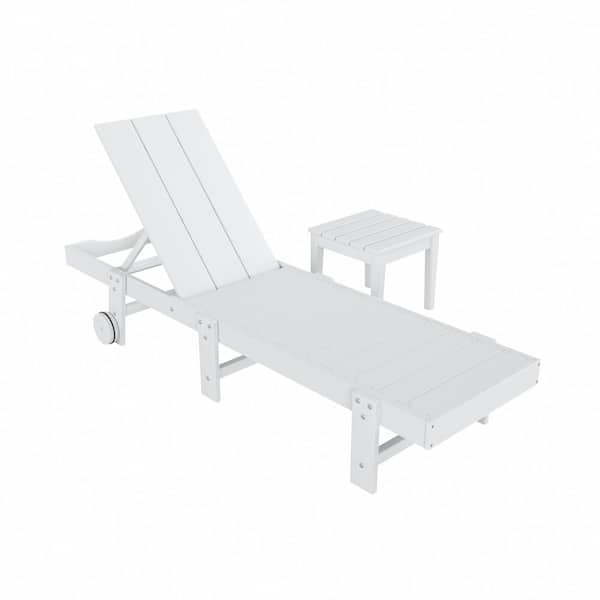 WESTIN OUTDOOR Shoreside 2-Piece Modern Plastic Outdoor Reclining Chaise Lounge With Wheels and Side Table in White
