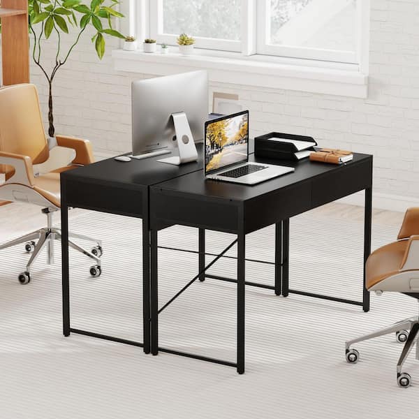 Modern 2-Drawer 44 in. Black Computer Desk w/ Reinforced Heavy-Duty Metal Frame Anti-Tip Kit