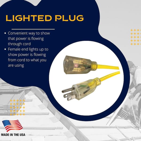 50 ft. 14/3 Medium Duty Indoor/Outdoor Extension Cord with Lighted End,  Yellow