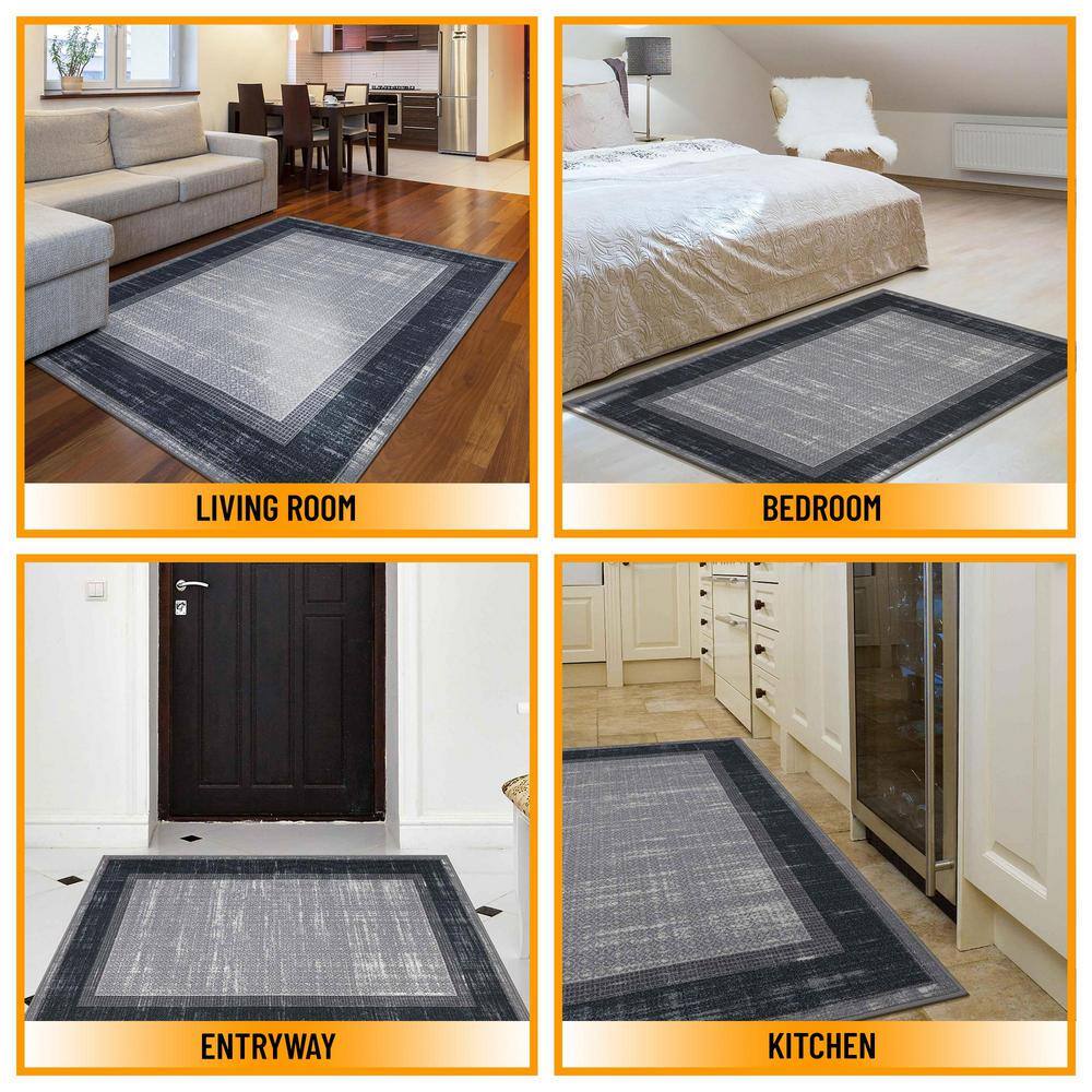 Gray and Black Machine Washable Non-Slip Area Rug 3'3" x 5'
